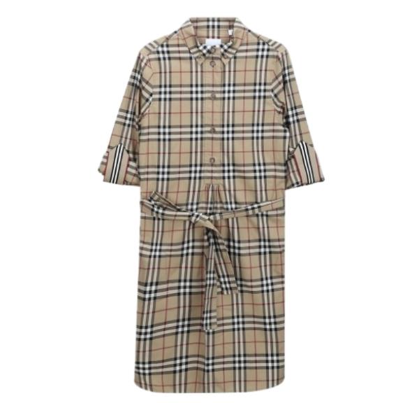 Vintage Check Stretch Cotton Tie Waist Shirt Dress