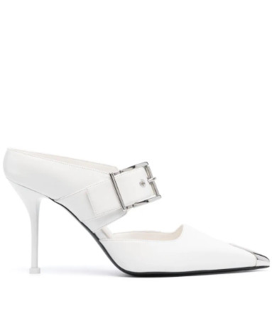 Metal toe buckle leather mule heel