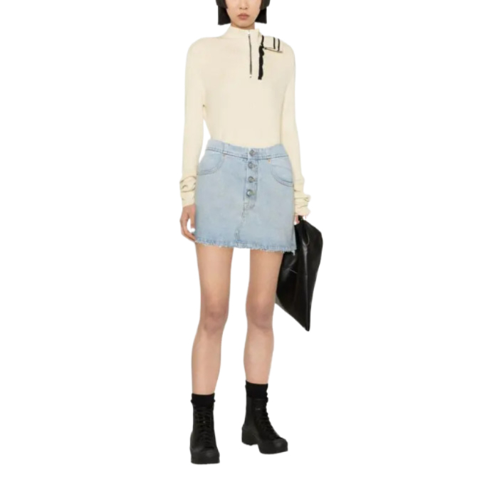 Distressed hem denim skirt