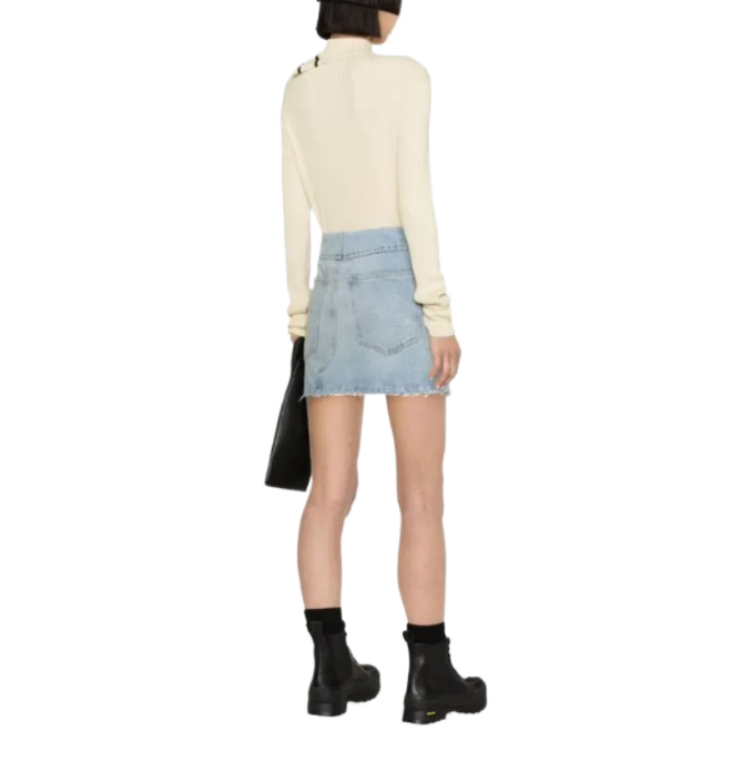 Distressed hem denim skirt