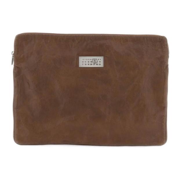 Number Metal Logo Leather Clutch Bag