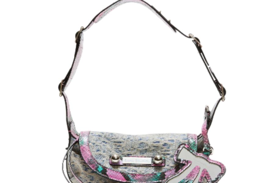 Bleached denim studded shoulder bag