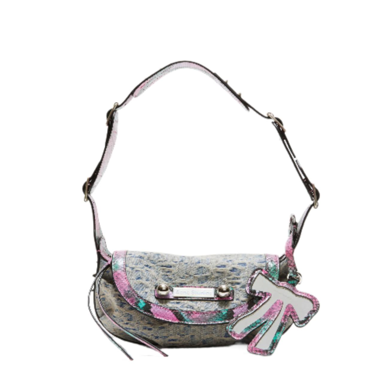 Bleached denim studded shoulder bag