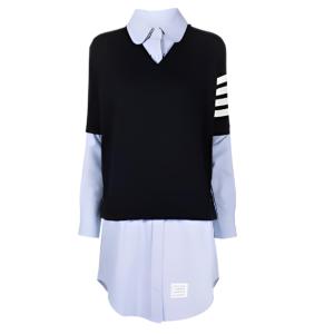 4 Bar Layered Long Shirt - Navy:Sky Blue