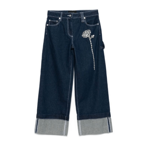 Carnation decorated wide denim pants