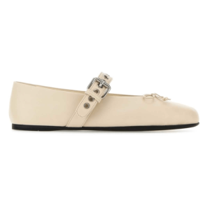 Buckle leather ballerina flat shoes - BEIGE
