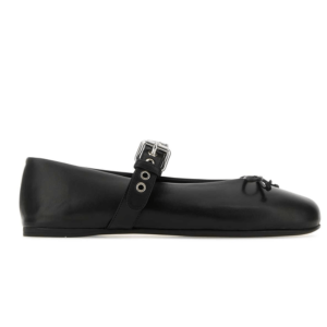 Bow Buckle Leather Ballerina Flat Shoes - BLACK