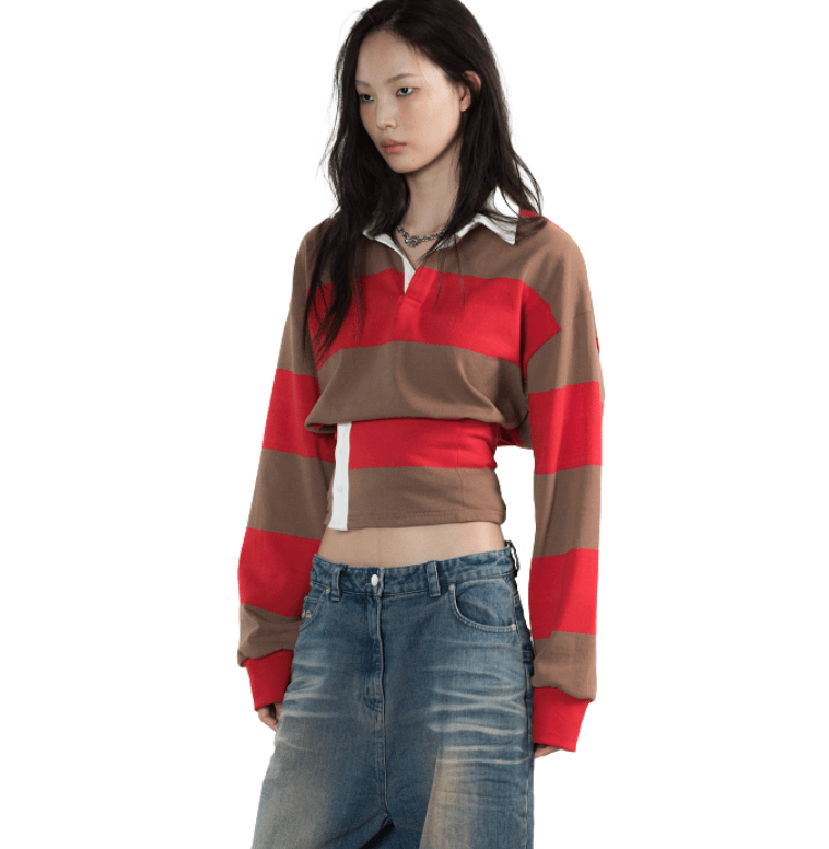 WET TAG 2way Stripe Rugby T-Shirt Red/Brown