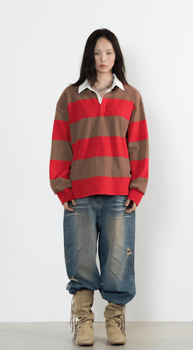 WET TAG 2way Stripe Rugby T-Shirt Red/Brown