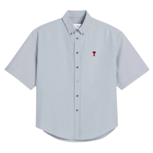AMI de Coeur Cotton Oxford Boxy Fit Button Down Short Sleeve Shirt Note Bleue