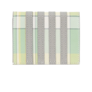 Thom Browne Madras Print on Pebble Grain Leather 4 Bar Applique Stripe Double Card Holder Pastel Green