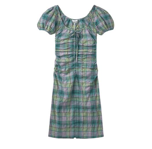 Seersucker Check Gathered Mini Dress - Aqua Green