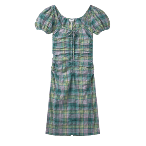 Seersucker Check Gathered Mini Dress - Aqua Green