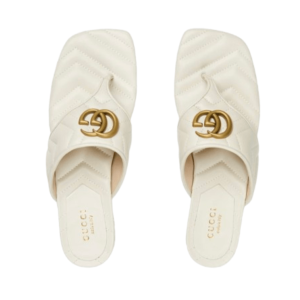 (W) Gucci Double G Thong Sandal White Matelasse Chevron Leather