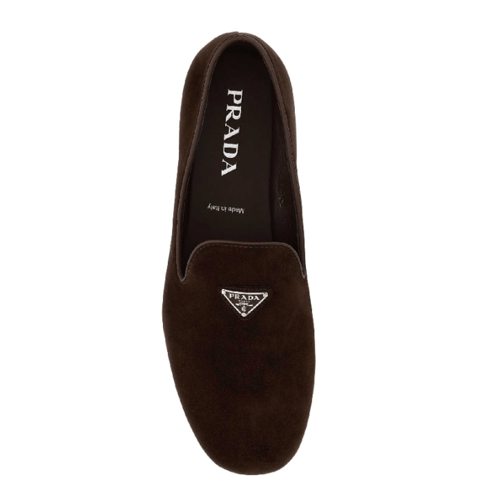 Prada Triangle Logo Suede Loafers Dark Brown