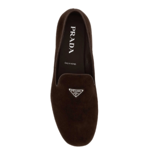 Prada Triangle Logo Suede Loafers Dark Brown