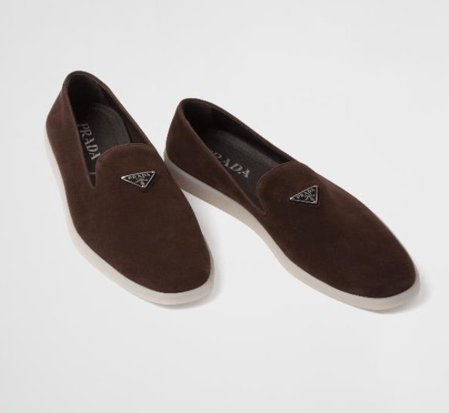 Prada Triangle Logo Suede Loafers Dark Brown
