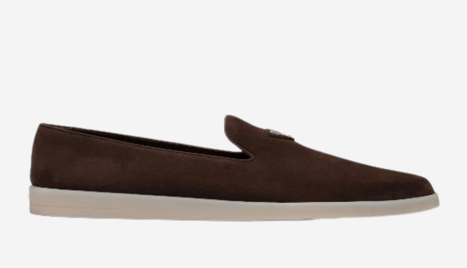 Prada Triangle Logo Suede Loafers Dark Brown