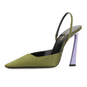 (W) Saint Laurent Blade Slingback Pumps in Shantung and Patent Leather Khaki Gold And Lilas