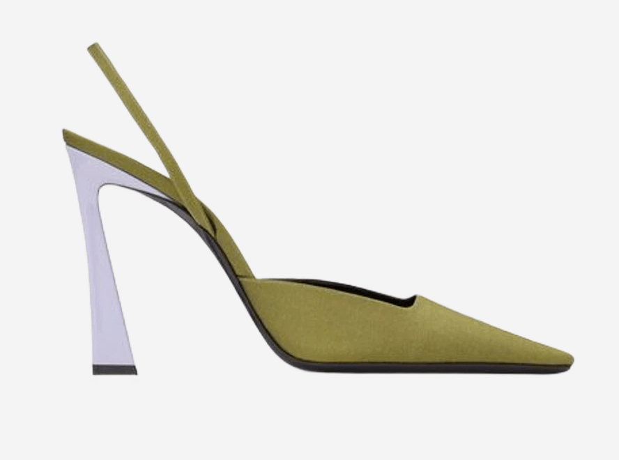 (W) Saint Laurent Blade Slingback Pumps in Shantung and Patent Leather Khaki Gold And Lilas