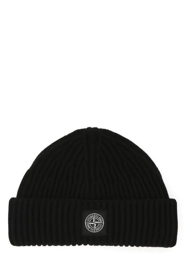 Black ribbed pure wool beanie hat