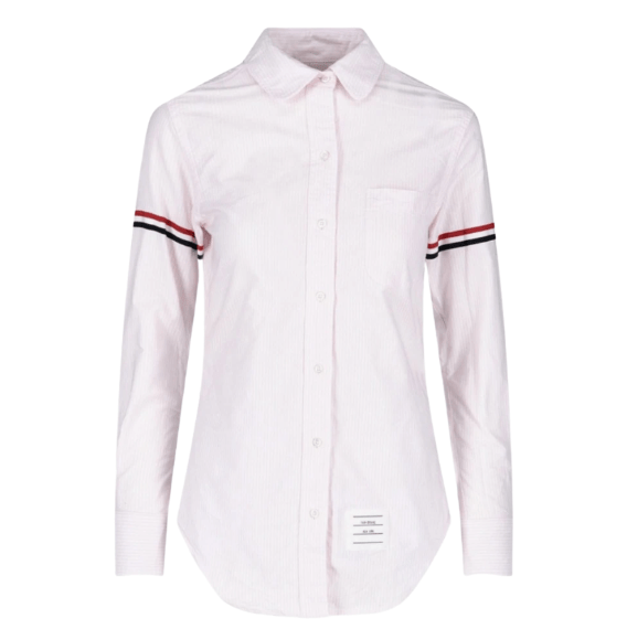 (W) Thom Browne University Stripe Oxford Grosgrain Armband Long Sleeve Shirt Light Pink