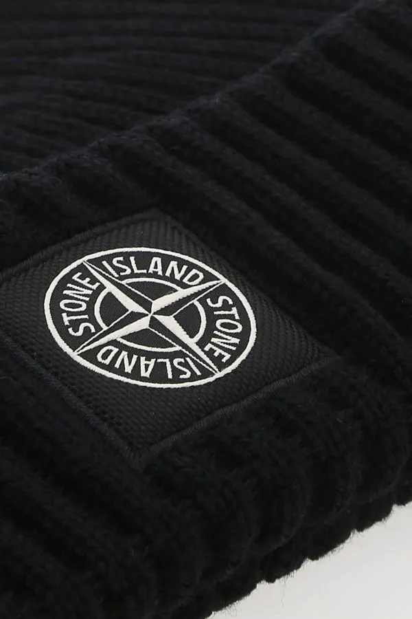 Black ribbed pure wool beanie hat