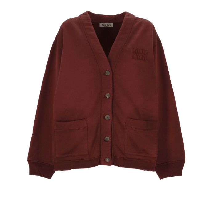 MIU MIU GARMENT-DYED COTTON FLEECE CARDIGAN AMARANTH RED/MAIZE YELLOW