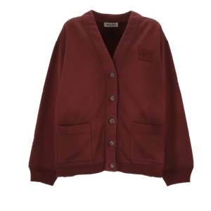 MIU MIU GARMENT-DYED COTTON FLEECE CARDIGAN AMARANTH RED/MAIZE YELLOW