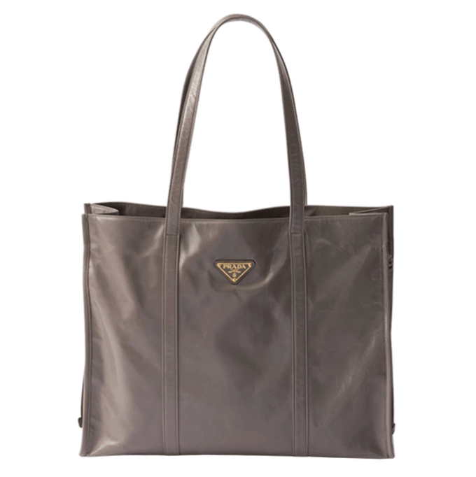 Prada Large Leather Tote Bag Pewter