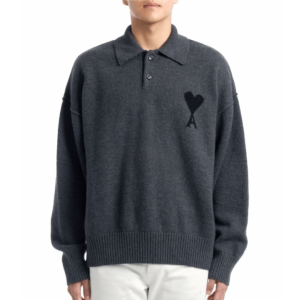 Wool Ami de Cœur Polo Knit Sweater - GREY