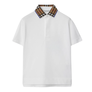 (Kids) Burberry Check Collar Cotton Polo Shirt White