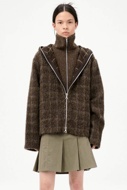 Full Zip Hood Dorf Check Hairy Wool 