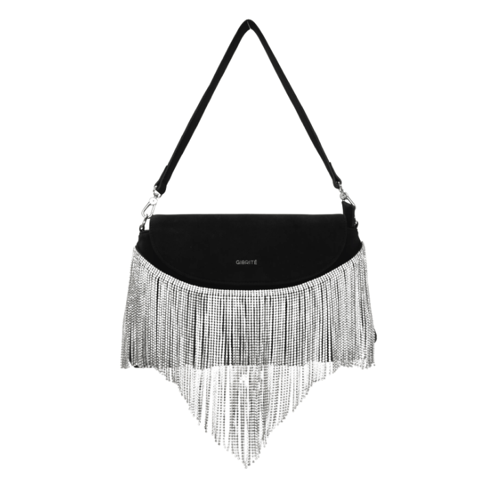Tina – Vegan Suede Fringe Shoulder Bag in Black