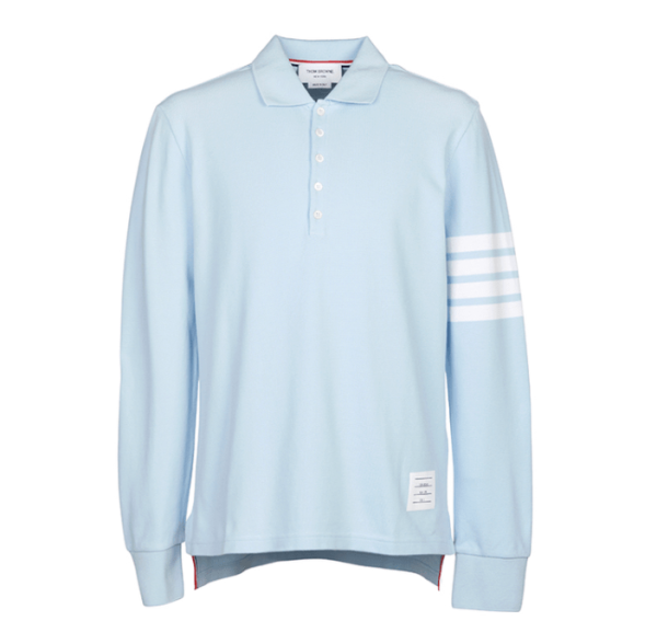 (W) Thom Browne 4-Bar Long Sleeve Polo Top Light Blue