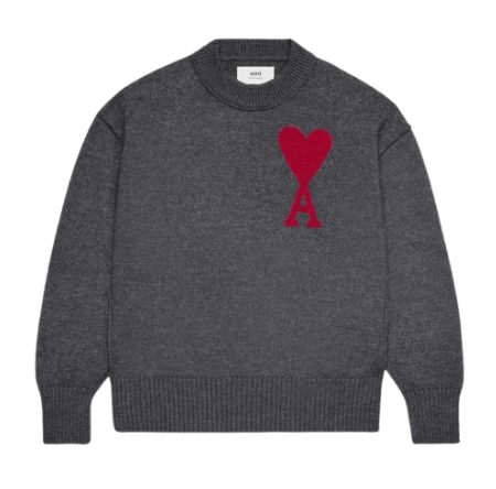 AMI De Coeur Felted Merino Wool Sweater Heather Grey Red