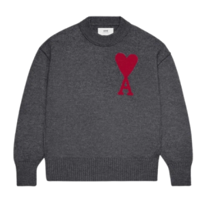 AMI De Coeur Felted Merino Wool Sweater Heather Grey Red