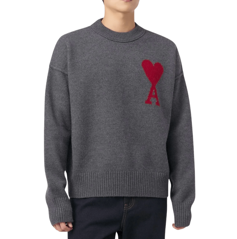 AMI De Coeur Felted Merino Wool Sweater Heather Grey Red