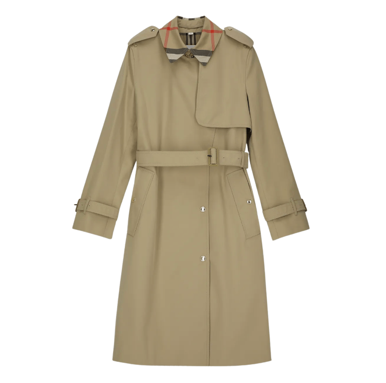 Long Check Collar Gabardine Trench Coat – Honey