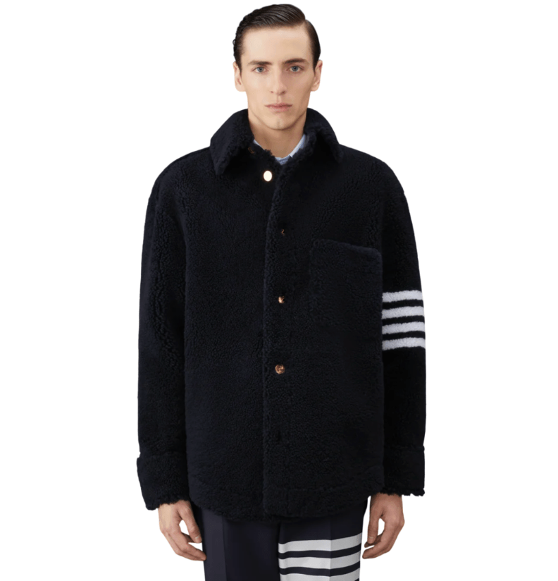 Thom Browne Dyed Shearling 4-Bar Oversized Shirt Jacket Navy