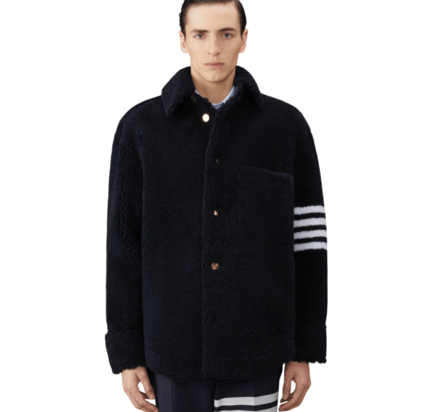 Thom Browne Dyed Shearling 4-Bar Oversized Shirt Jacket Navy