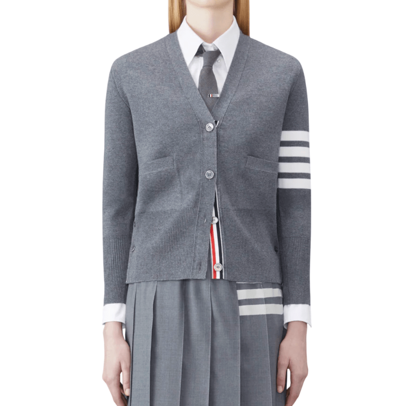 (W) Thom Browne Fine Merino Wool Milano Stitch 4-Bar Classic V-Neck Cardigan Medium Grey