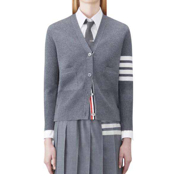 (W) Thom Browne Fine Merino Wool Milano Stitch 4-Bar Classic V-Neck Cardigan Medium Grey
