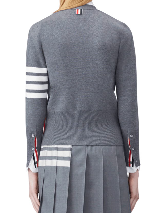 (W) Thom Browne Fine Merino Wool Milano Stitch 4-Bar Classic V-Neck Cardigan Medium Grey