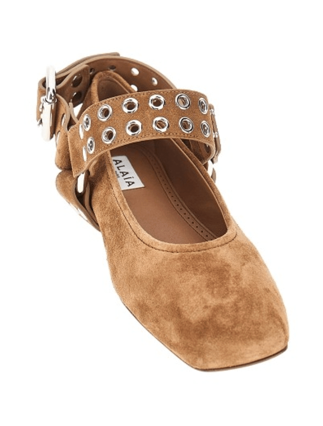 ALAÏA UMBER BIKER BALLET FLATS IN SUEDE