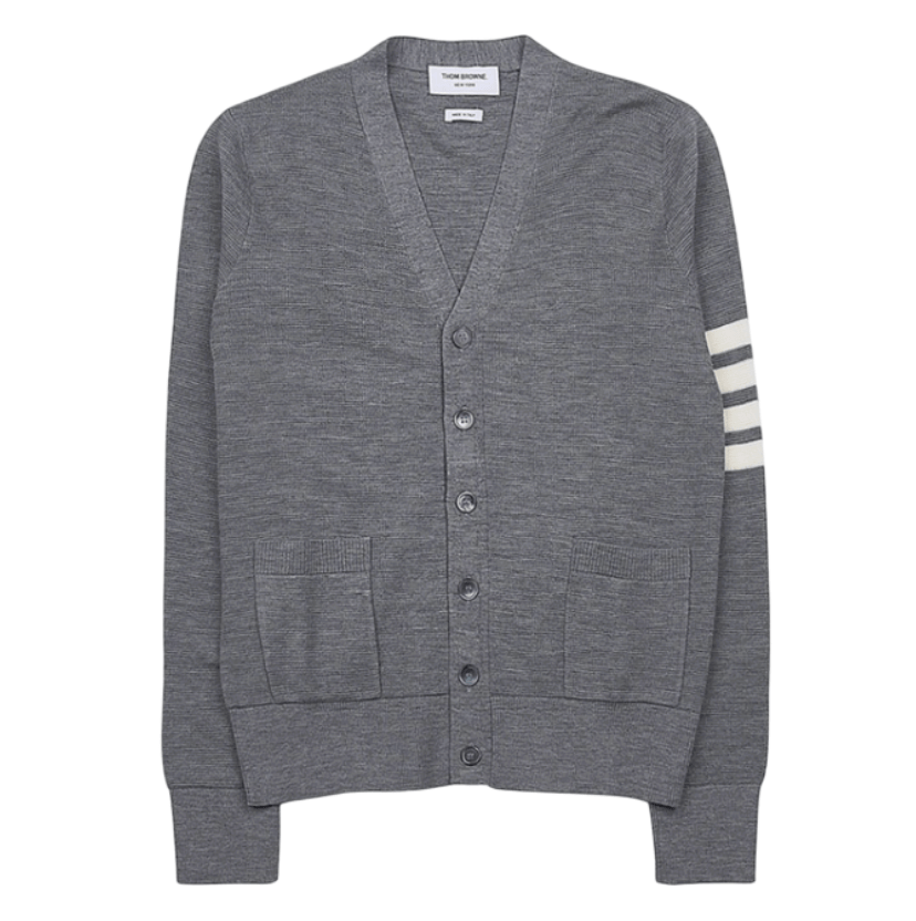 Thom Browne Fine Merino Waffle 4-Bar High V-Neck Cardigan Light Grey