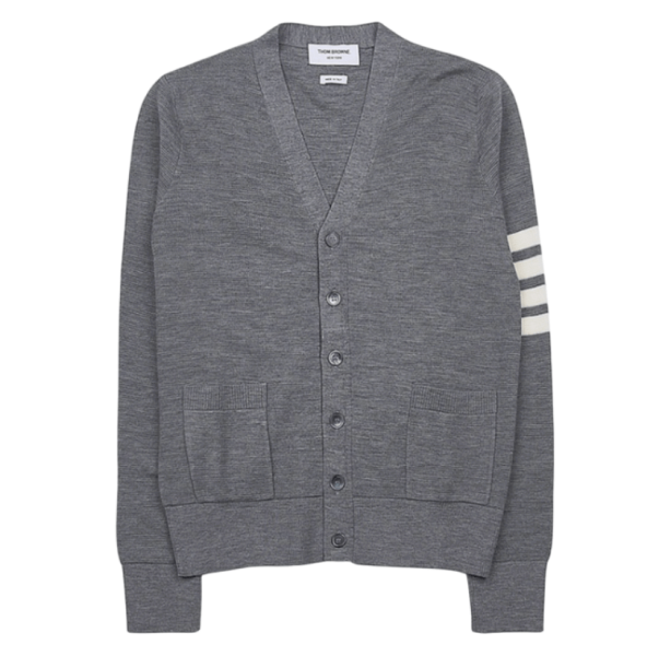 Thom Browne Fine Merino Waffle 4-Bar High V-Neck Cardigan Light Grey