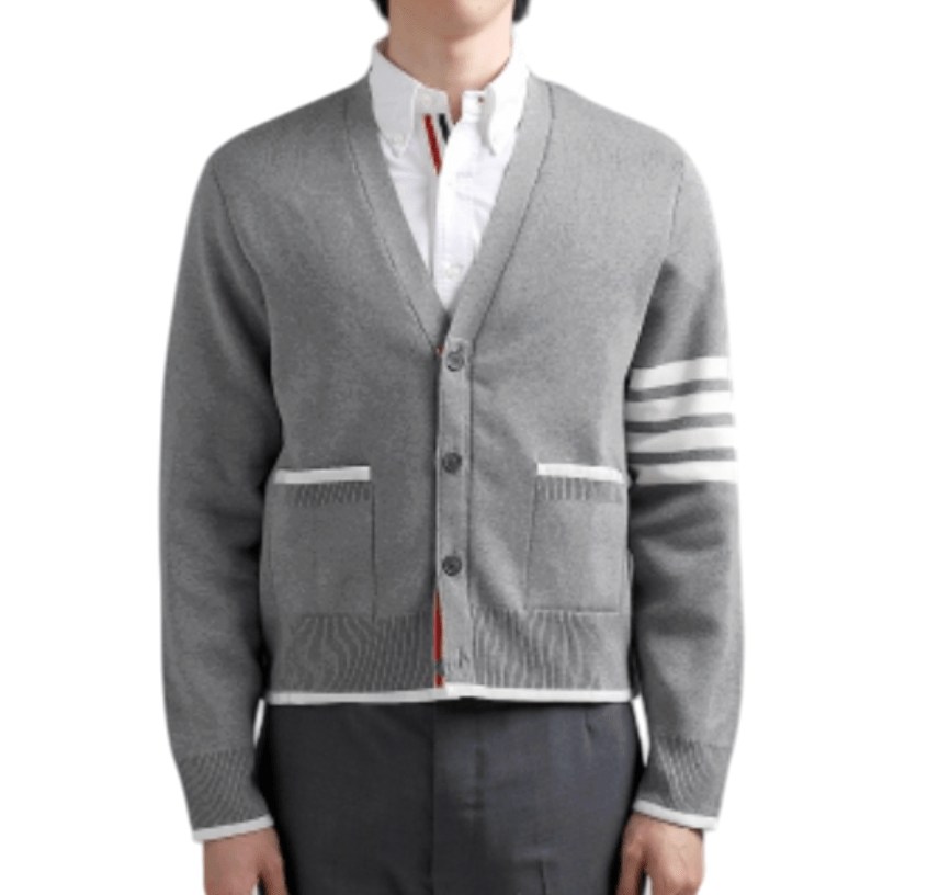 Thom Browne Milano Stitch Cotton 4-Bar Boxy V-Neck Cardigan Light Grey