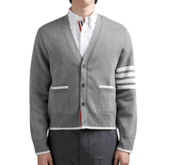 Thom Browne Milano Stitch Cotton 4-Bar Boxy V-Neck Cardigan Light Grey