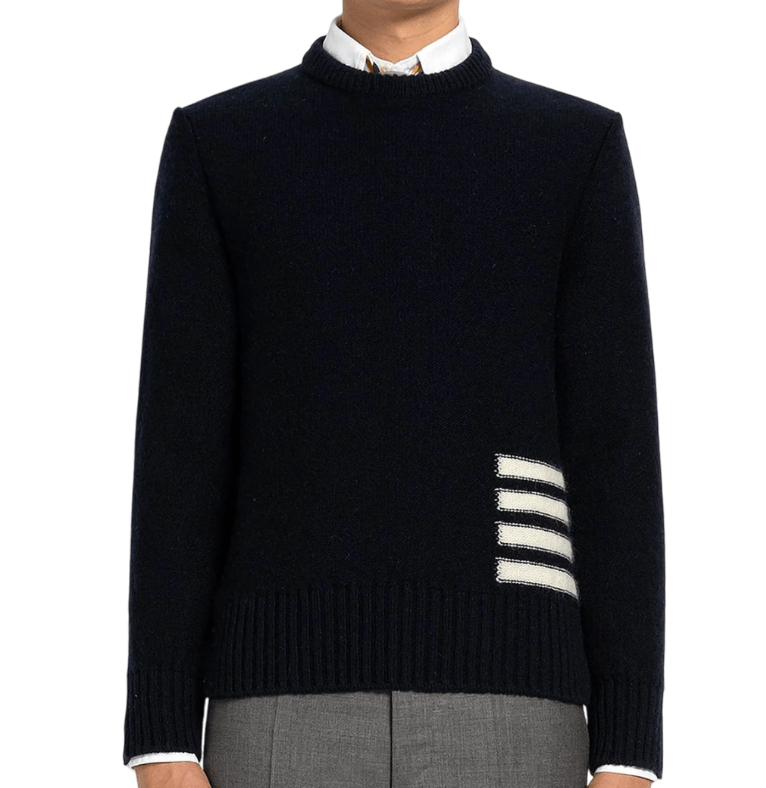 Thom Browne Jersey Stitch Donegal 4-Bar Crew Neck Pullover Navy